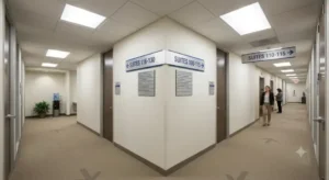 A corridor intersection with consistent directional signs pointing to suite ranges.