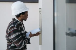 Installer measuring a facade