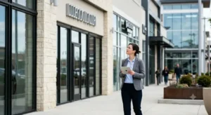 inspector standing on the sidewalk outside a modern retail storefront in Texas, looking up at professionally installed blank channel letter signage mounted above the entrance while holding a digital tablet
