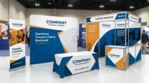 Comparison of trade show display types: banner, fabric display, table throw, modular booth