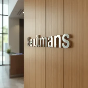 Brushed aluminum dimensional letters on a modern office lobby reception wall