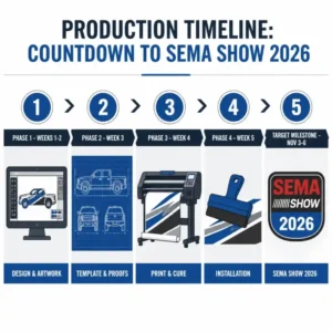 Alt Text: Five-week vehicle wrap production timeline ending before SEMA Show 2026