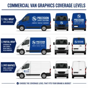Diagram showing three vehicle wrap coverage levels: full wrap, partial wrap, and spot graphics on a commercial van