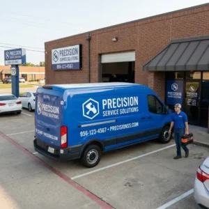 Full vehicle wrap on a commercial van parked outside an automotive business storefront