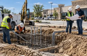 Construction crew installing the foundation and electrical conduit for a commercial pylon sign.