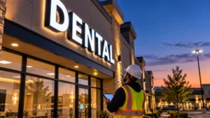 Commercial LED sign illuminated at night during a routine maintenance inspection