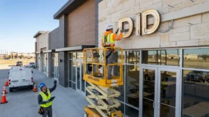 Sign crew installing a franchise sign in Dallas