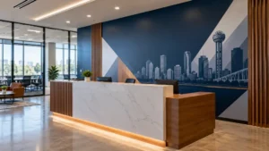 Branded reception wall graphic in a Dallas