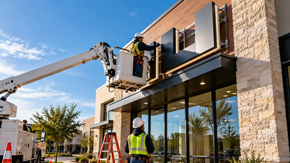 Vantage Point crew installing an exterior business sign