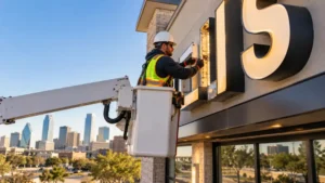 Technician servicing an illuminated commercial building sign in North Texas
