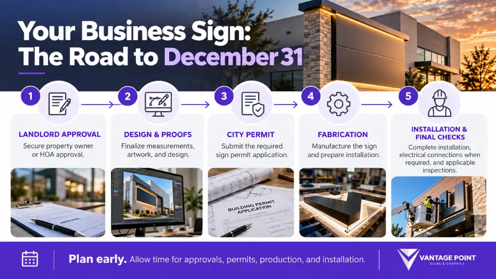 Five-step business sign project timeline covering landlord approval, design, city permits, fabrication and installation before December 31
