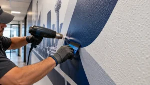 Wall vinyl applied with heat on textured drywall